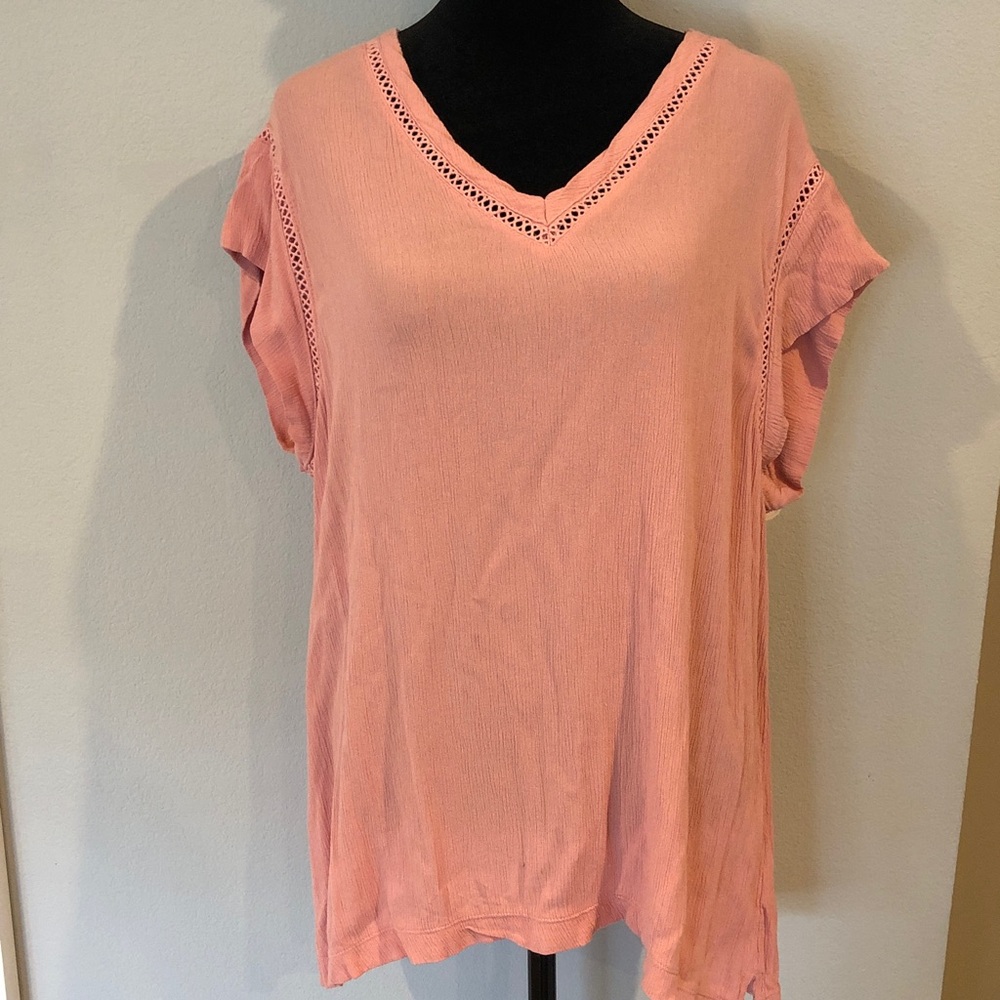 Buffalo David Bitton Light Coral V-Neck Eyelet Sleeve Top